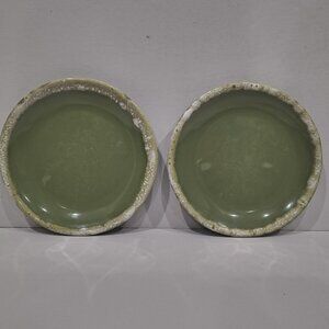 Hull Pottery Avocado Green Drip Glaze 2 Bread Plates 6.5" MCM 1960s